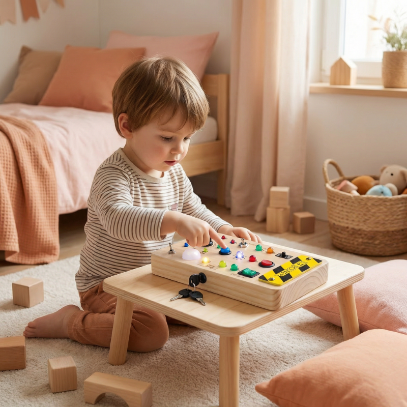 Wood-effect children's activity board with colourful lights, switches, buttons, knobs and keys