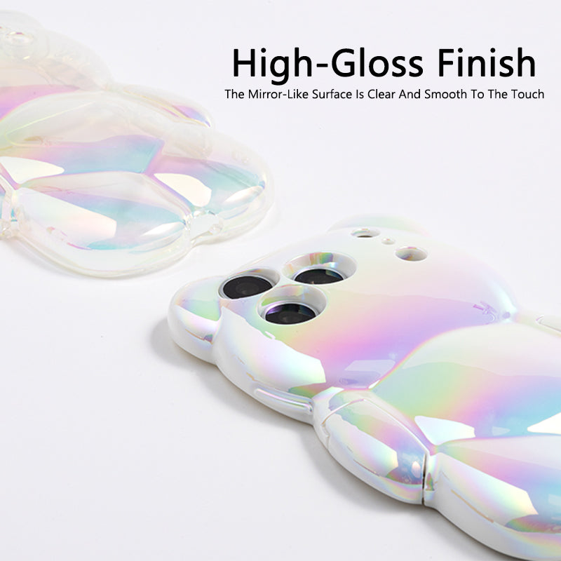 Pink iridescent bear-shaped iPhone case with raised camera cutouts