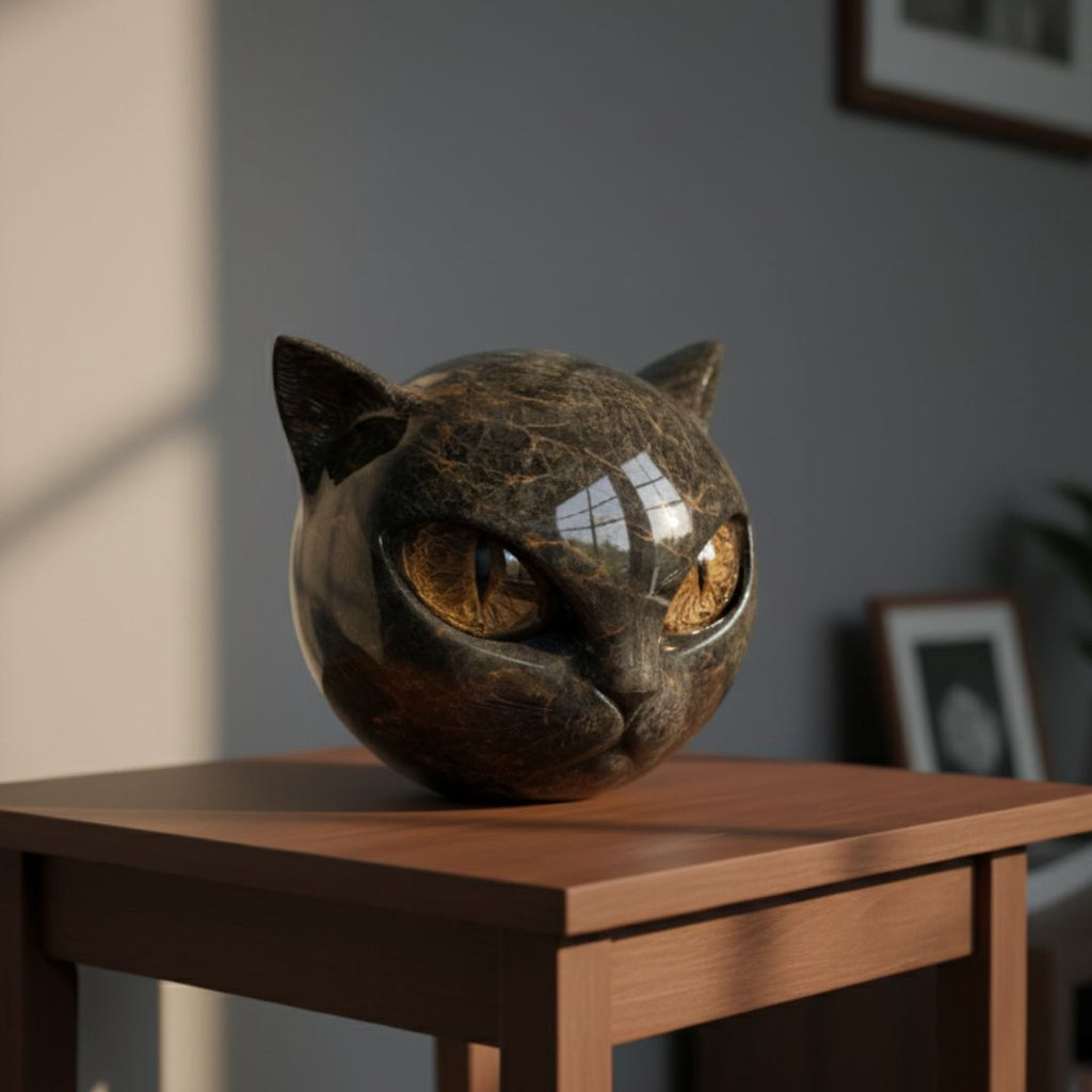 Seated stone cat figurine with pointed ears and large inset eyes
