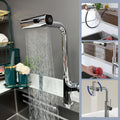 Chrome kitchen faucet attachment with flexible spray head over a sink