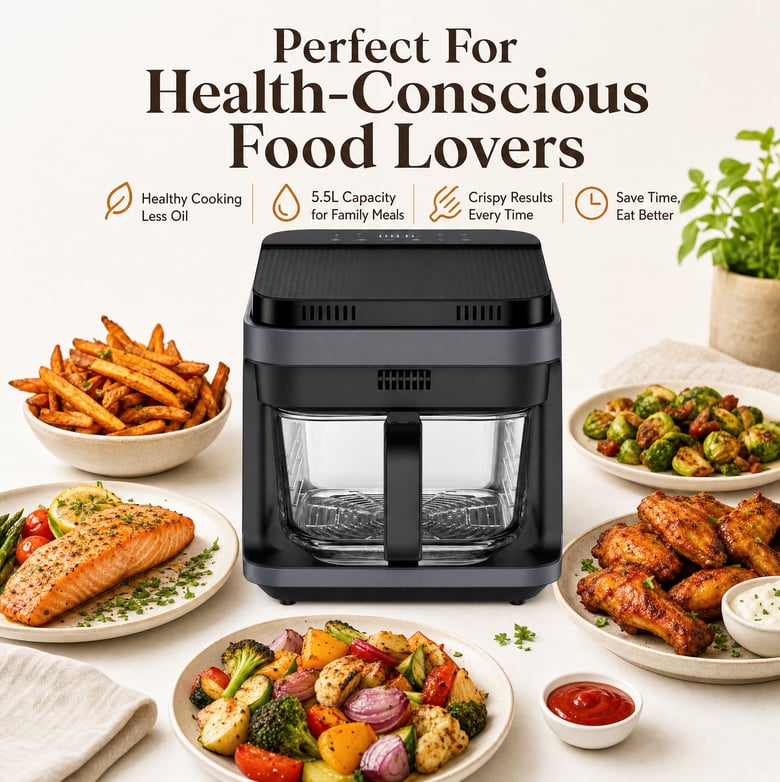 Black air fryer with clear glass basket and digital touch controls