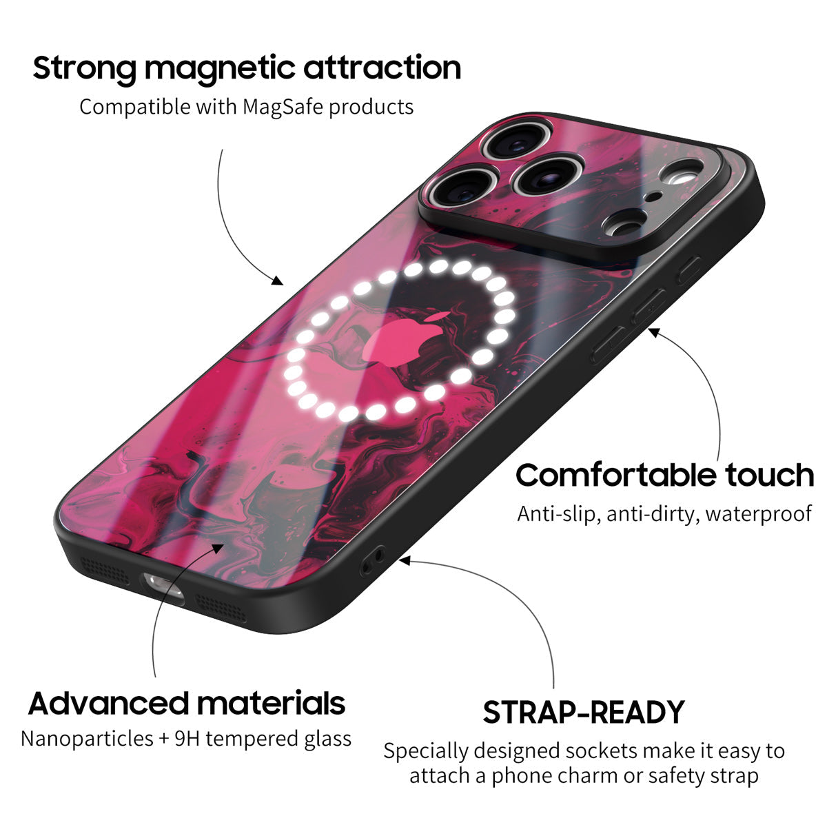 Blue abstract glass-effect iPhone case with black edge and camera cutout
