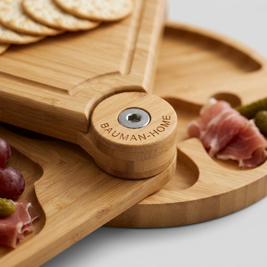 Round Bamboo Cheese Board Set with Swivel Serving Trays and Utensils