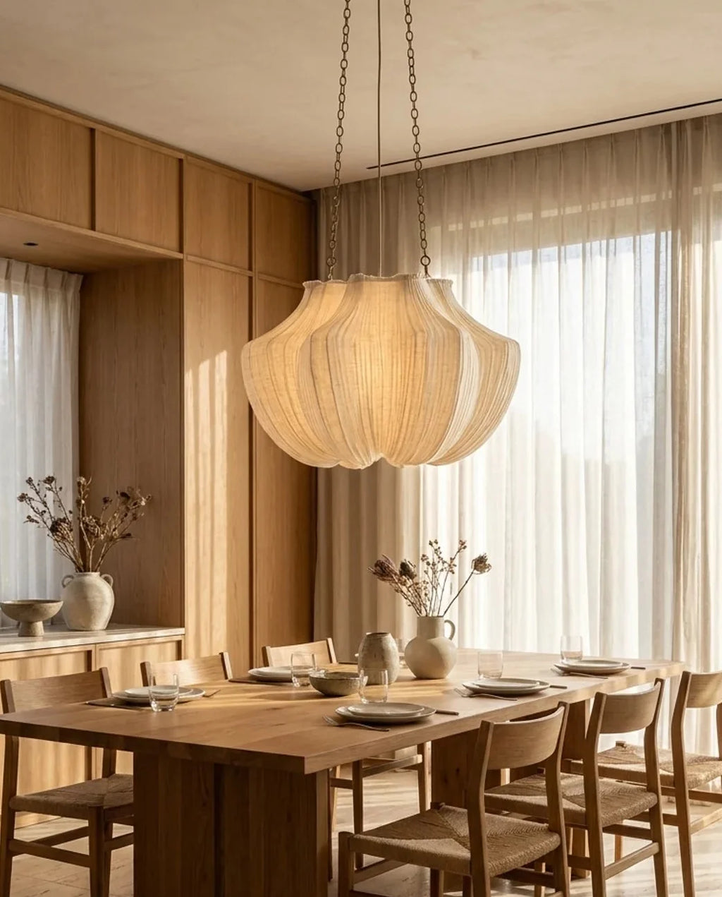 Beige ribbed pendant lamp with chain suspension