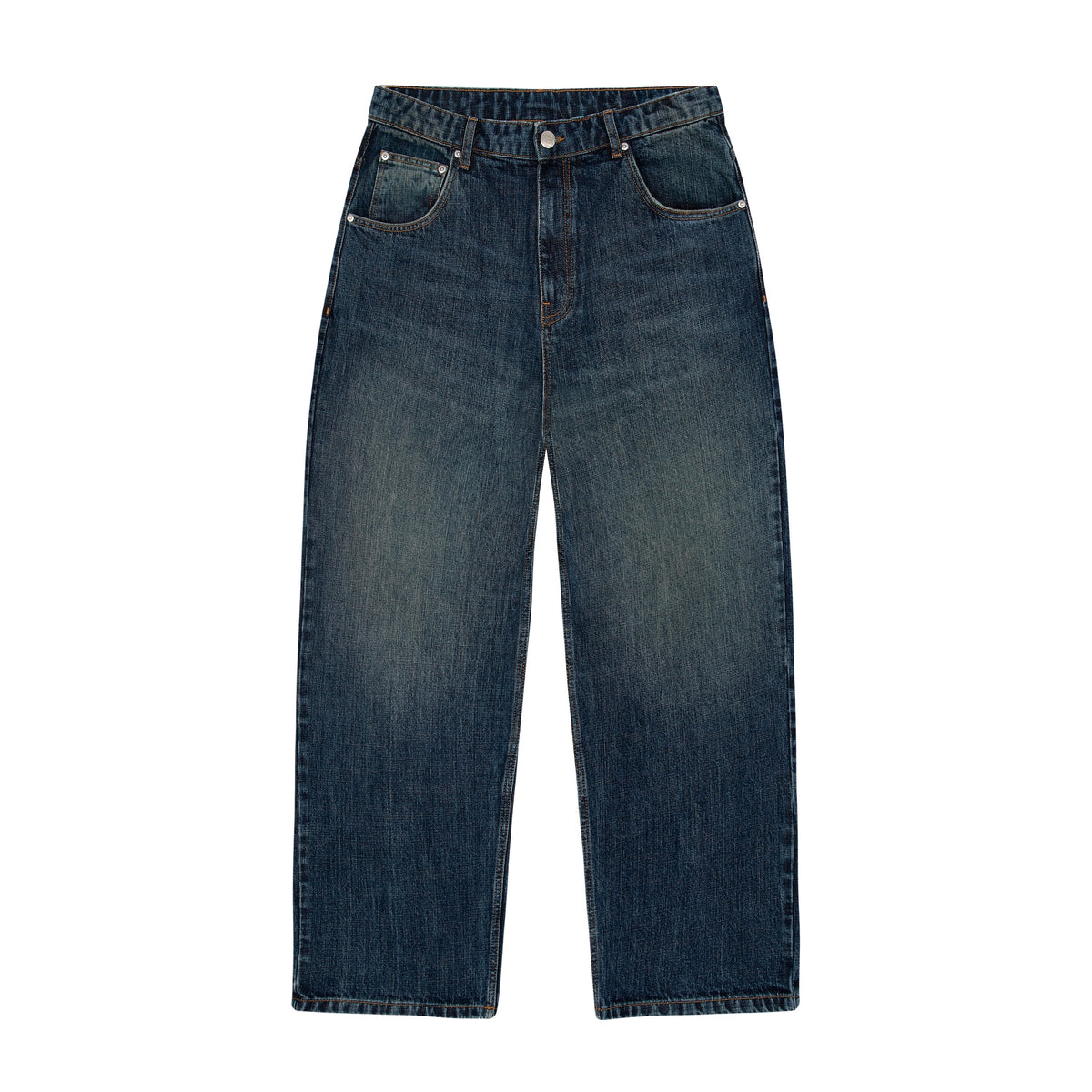 Indigo blue straight leg jeans with floral and Japanese-inspired back embroidery