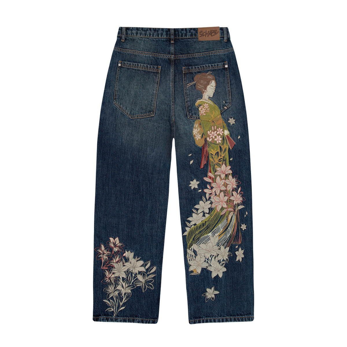 Indigo blue straight leg jeans with floral and Japanese-inspired back embroidery