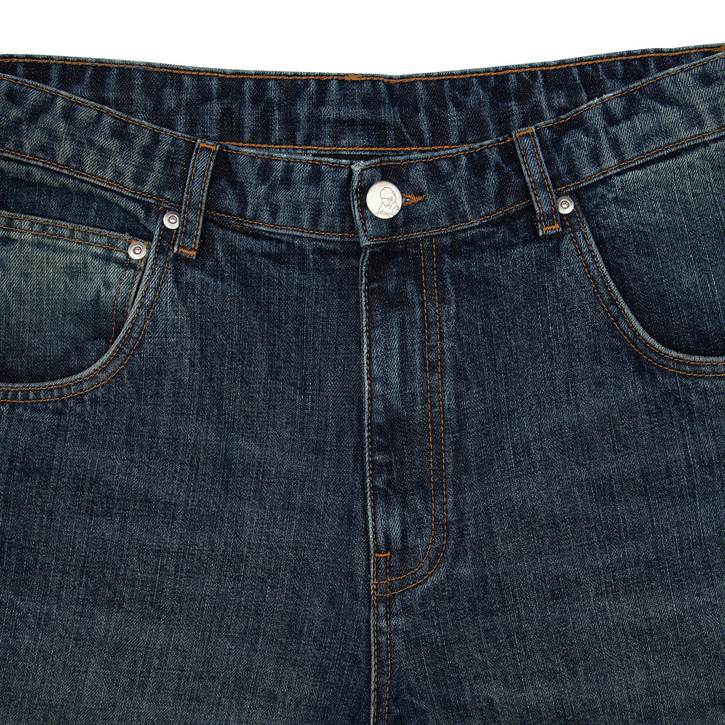 Indigo blue straight leg jeans with floral and Japanese-inspired back embroidery