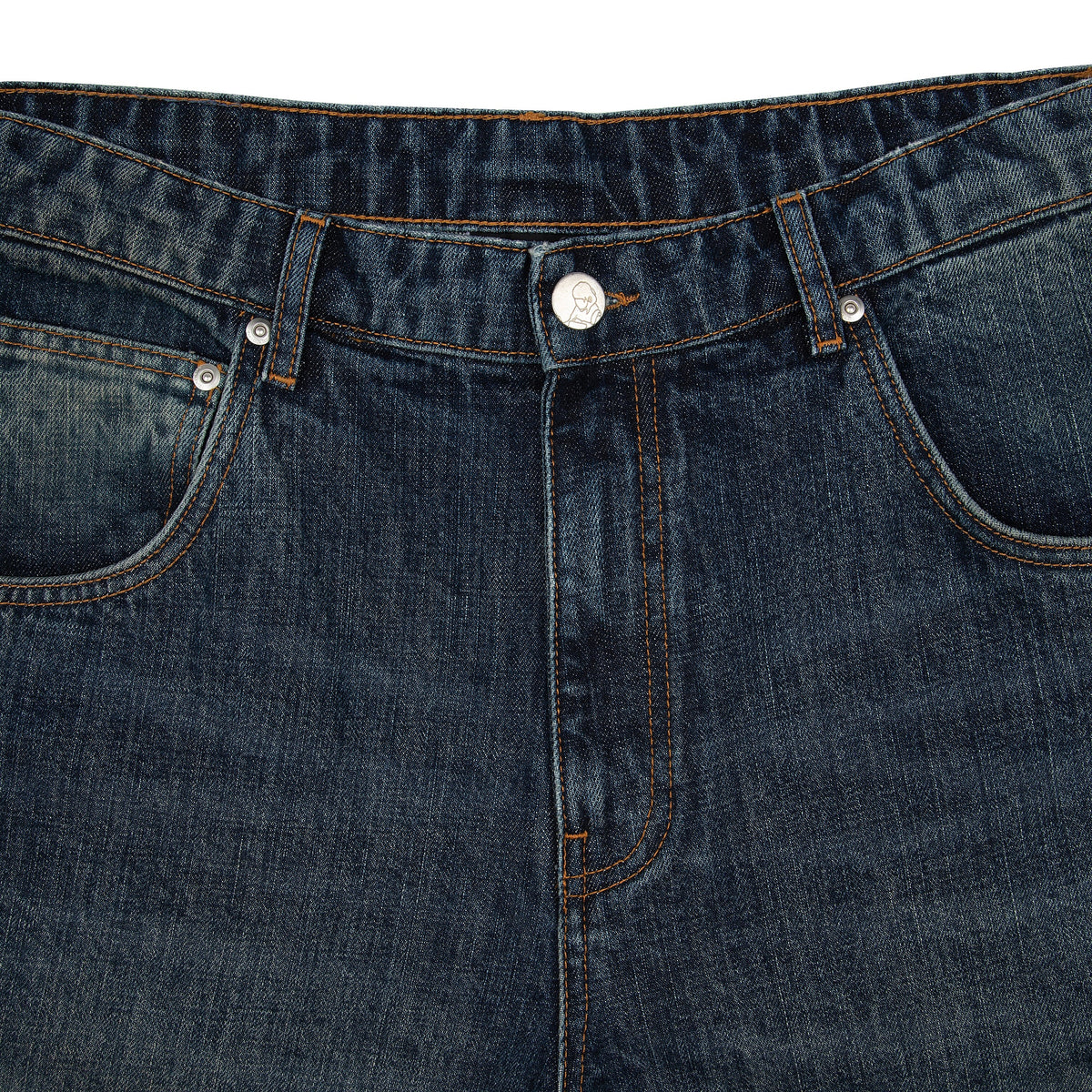Indigo blue straight leg jeans with floral and Japanese-inspired back embroidery