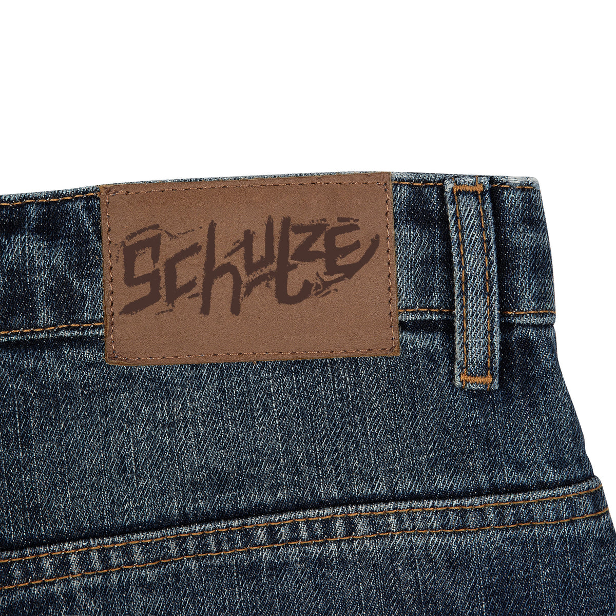 Indigo blue straight leg jeans with floral and Japanese-inspired back embroidery