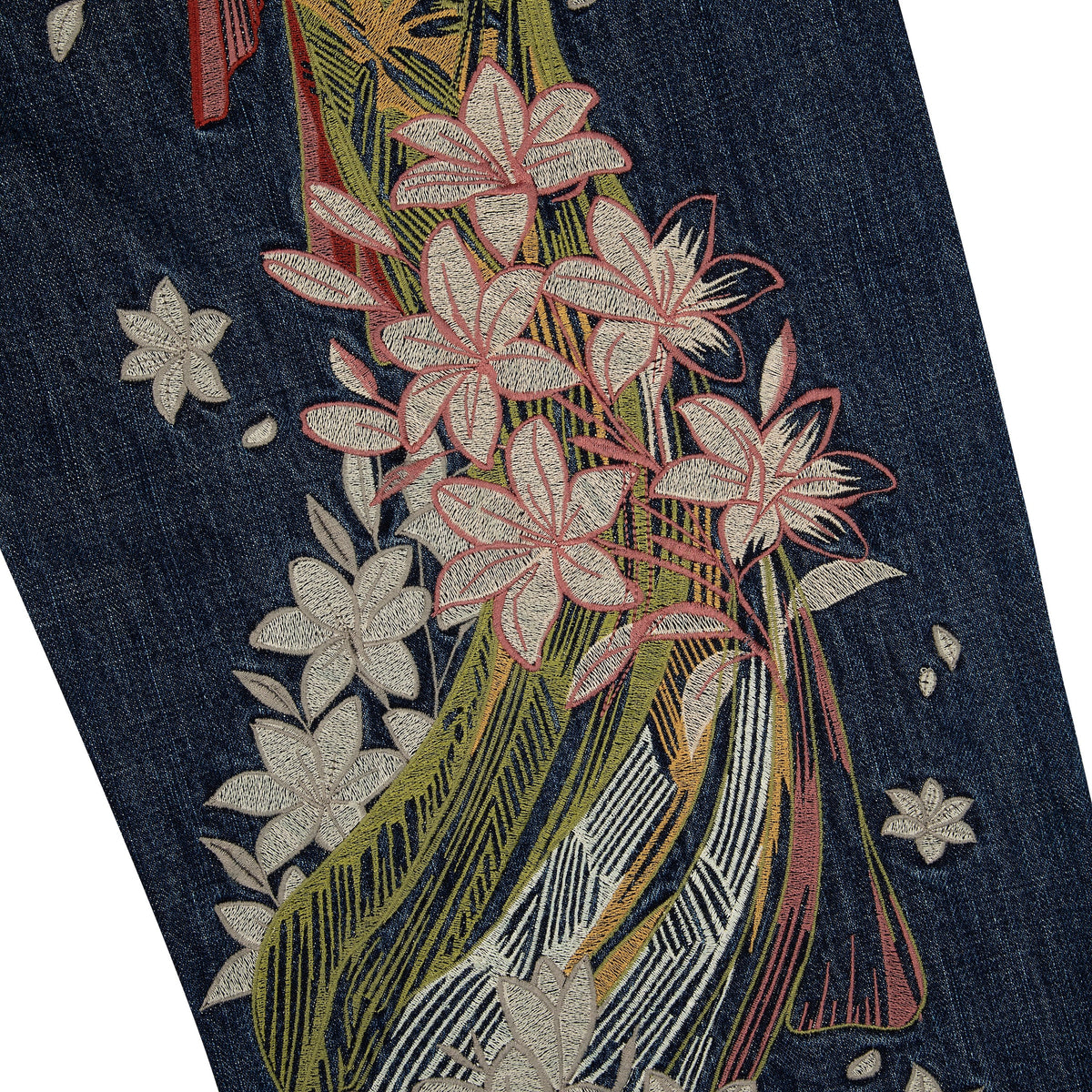 Indigo blue straight leg jeans with floral and Japanese-inspired back embroidery