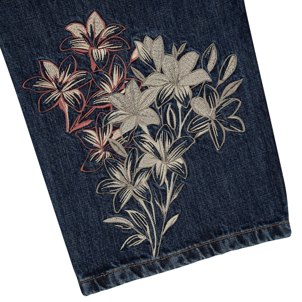 Indigo blue straight leg jeans with floral and Japanese-inspired back embroidery