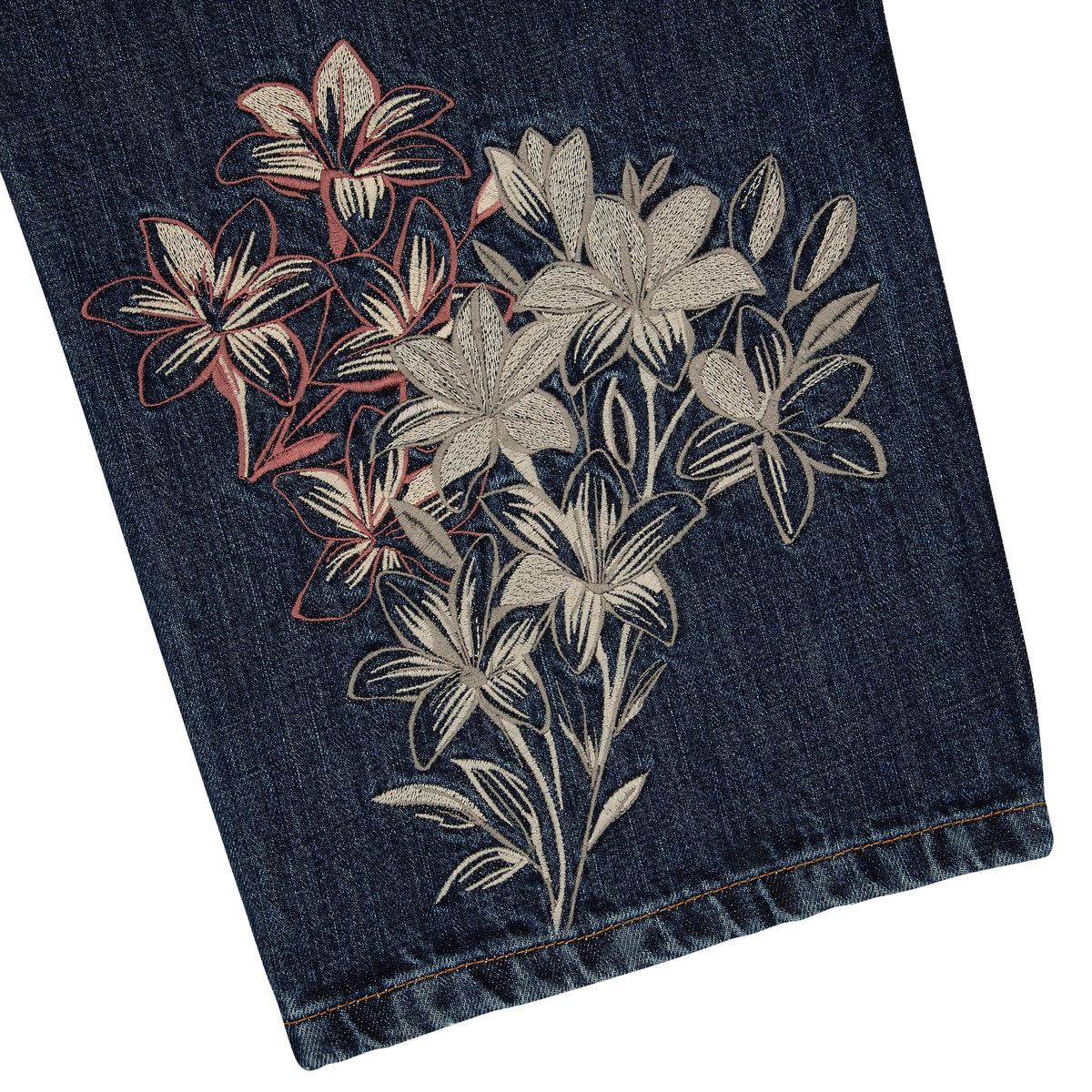 Indigo blue straight leg jeans with floral and Japanese-inspired back embroidery