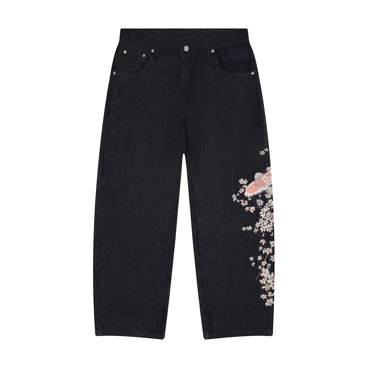 Black denim jeans with floral koi embroidery and straight legs