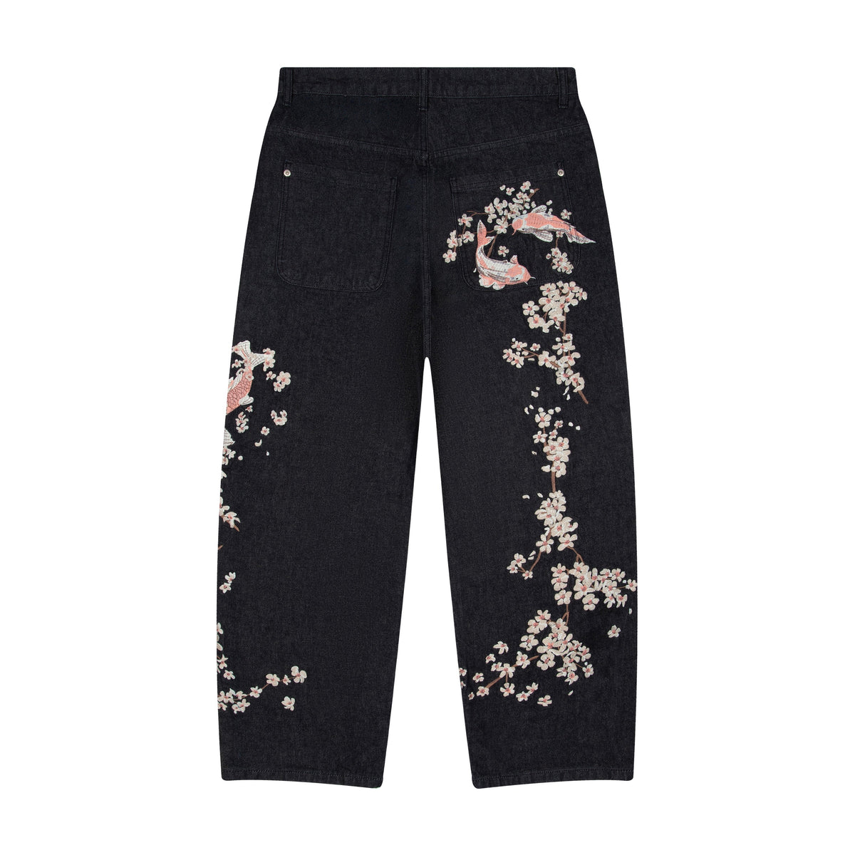 Black denim jeans with floral koi embroidery and straight legs