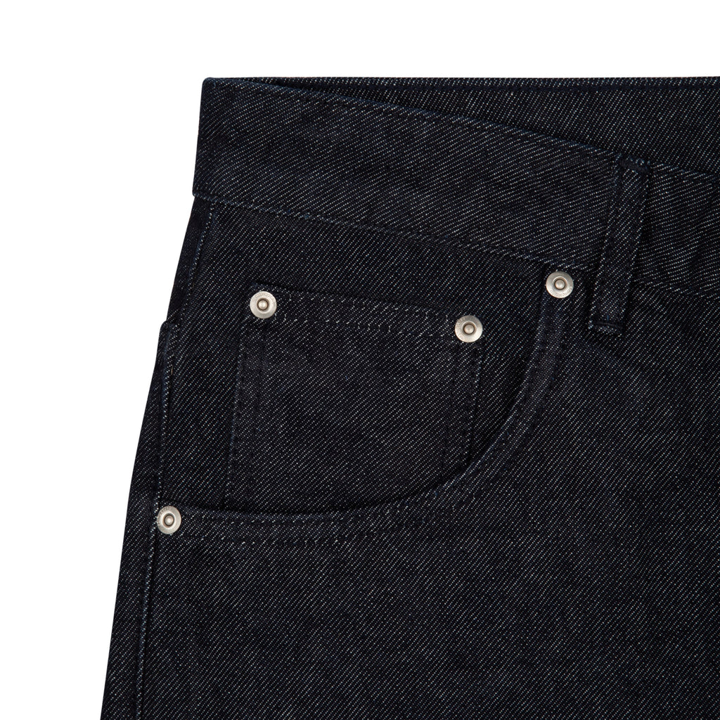 Black denim jeans with floral koi embroidery and straight legs