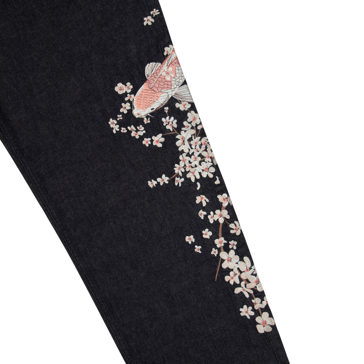 Black denim jeans with floral koi embroidery and straight legs