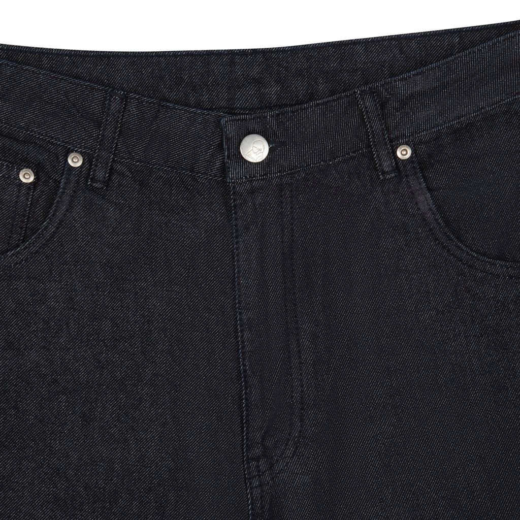 Black denim jeans with floral koi embroidery and straight legs
