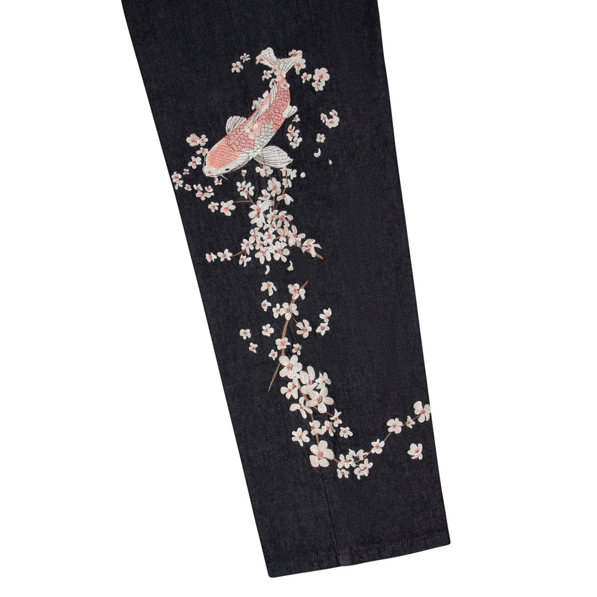 Black denim jeans with floral koi embroidery and straight legs