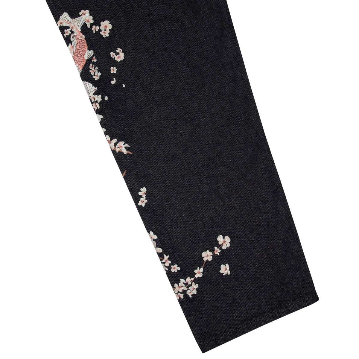 Black denim jeans with floral koi embroidery and straight legs
