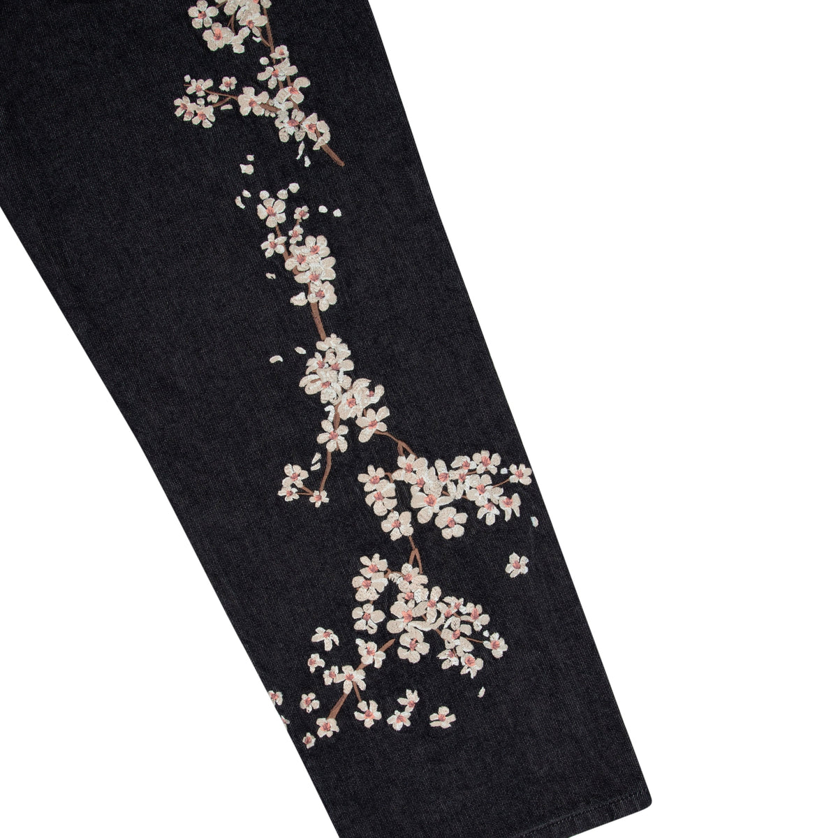 Black denim jeans with floral koi embroidery and straight legs
