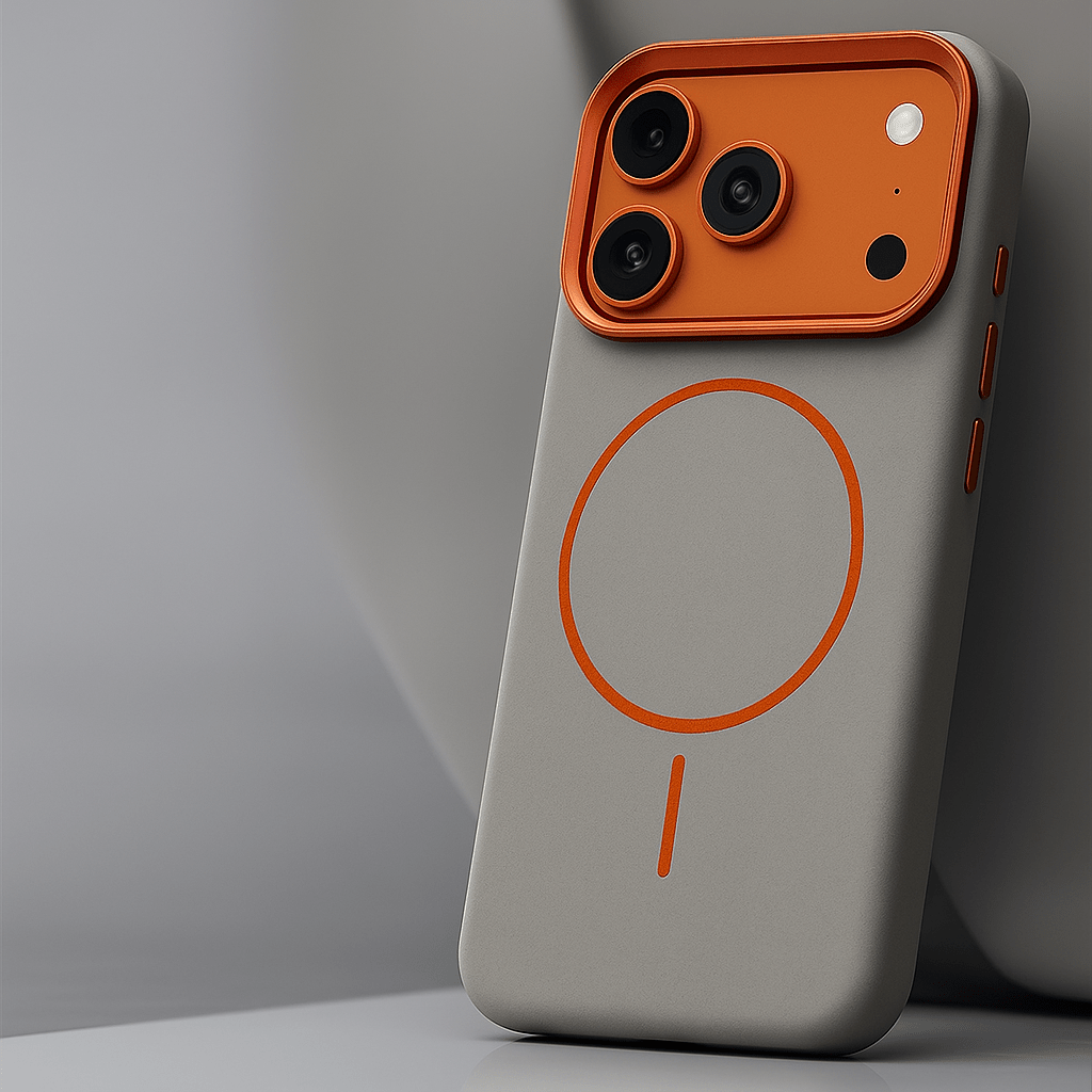 Textured iPhone case with contrasting MagSafe ring and camera cutouts
