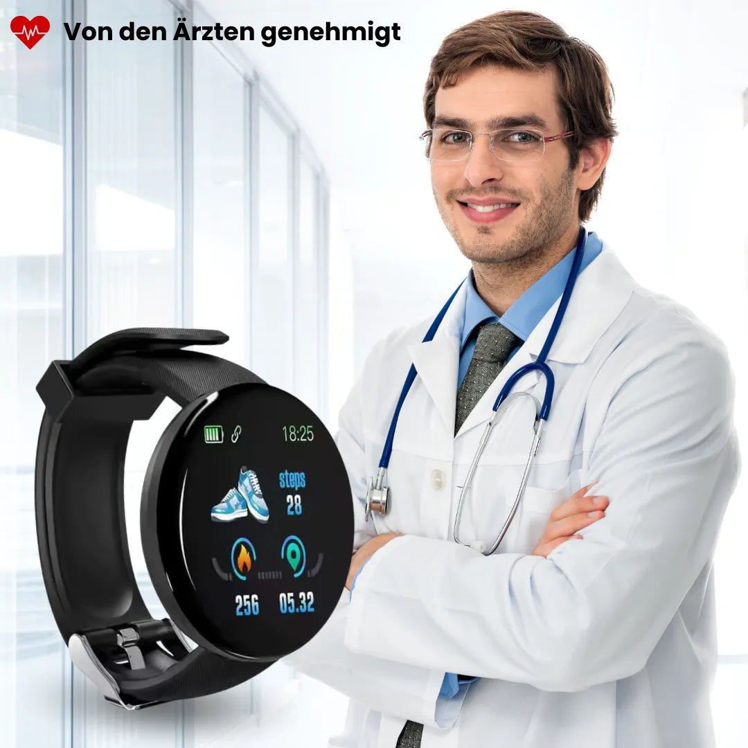 Round smartwatch with digital display, adjustable strap and metal-effect buckle