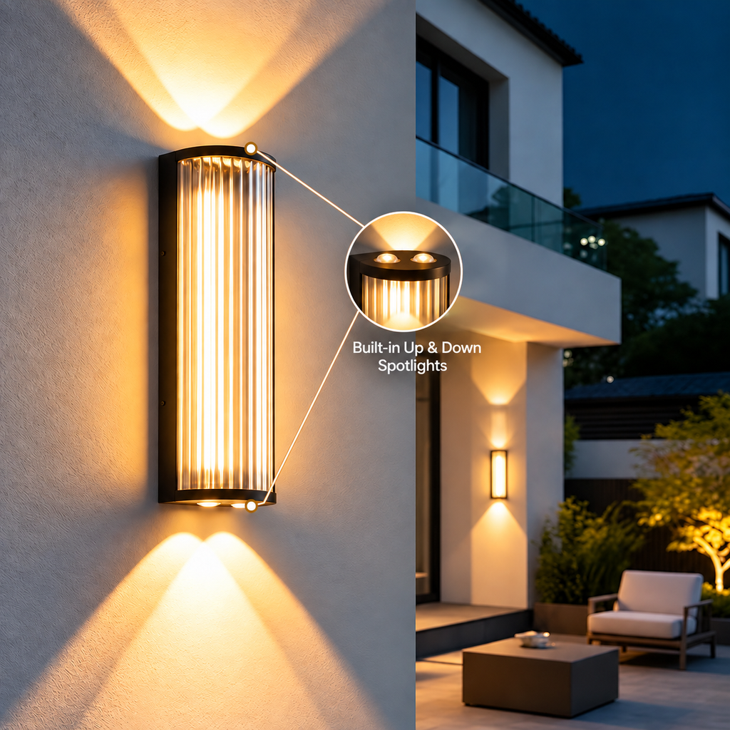 Black outdoor wall light with vertical glass shade and up and down illumination