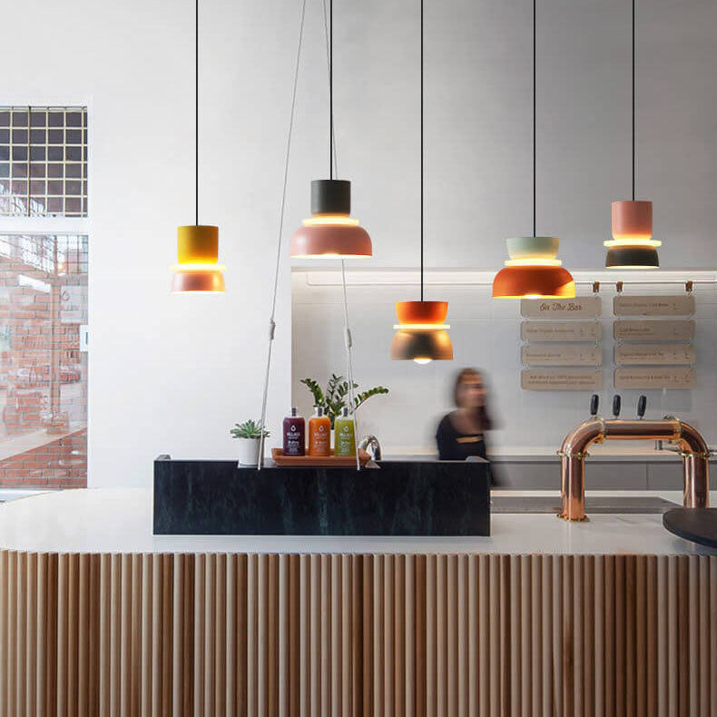 Colourful LED pendant light with layered hanging shades