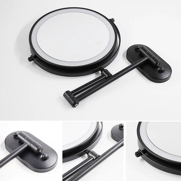 Black wall mounted LED makeup mirror with illuminated rim and adjustable arm