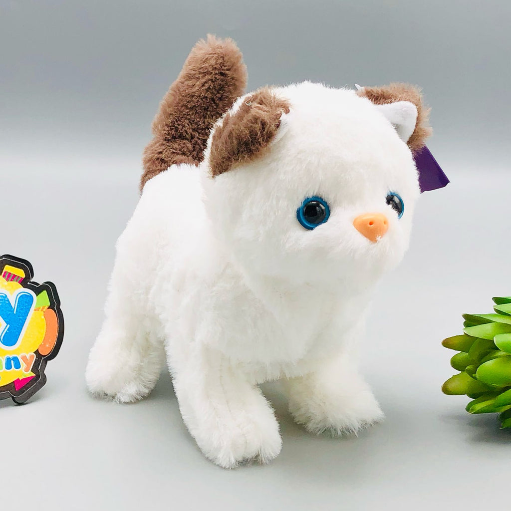Walking plush cat toy with sound in white and orange striped designs
