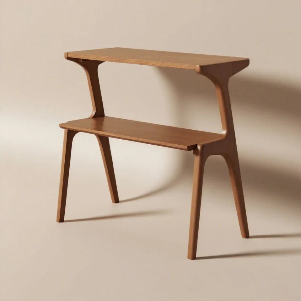 Brown two-tier wooden side table with an open lower shelf