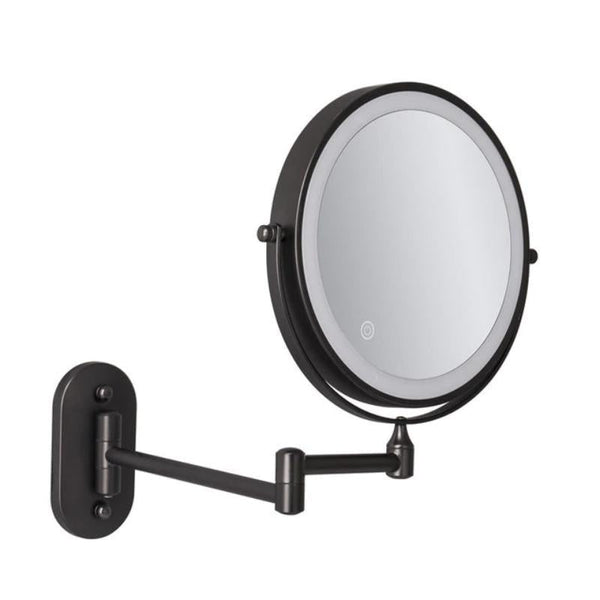 Black wall mounted LED makeup mirror with illuminated rim and adjustable arm