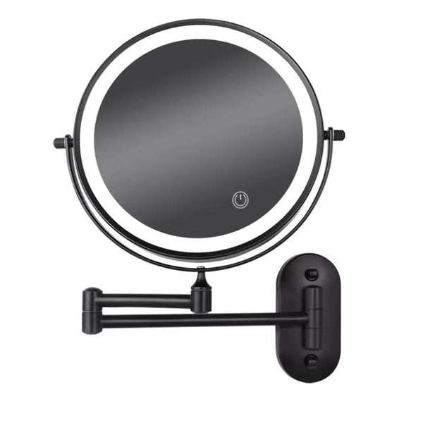 Black wall mounted LED makeup mirror with illuminated rim and adjustable arm