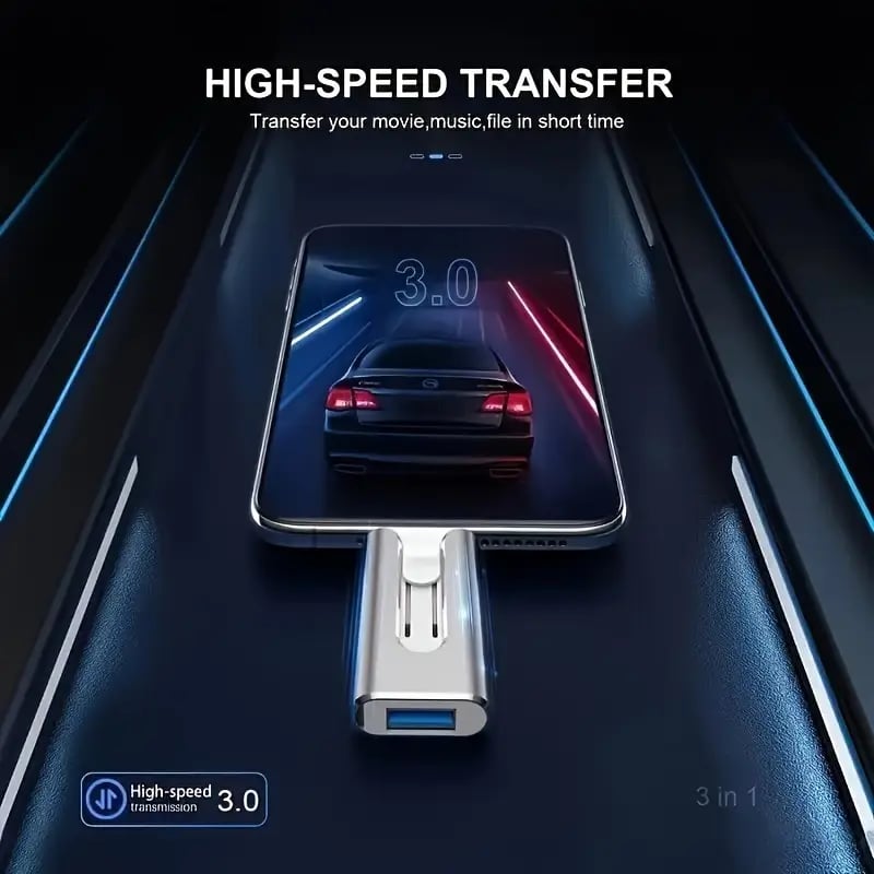 Compact 4-in-1 USB flash drive with multiple connectors and separate black adapter