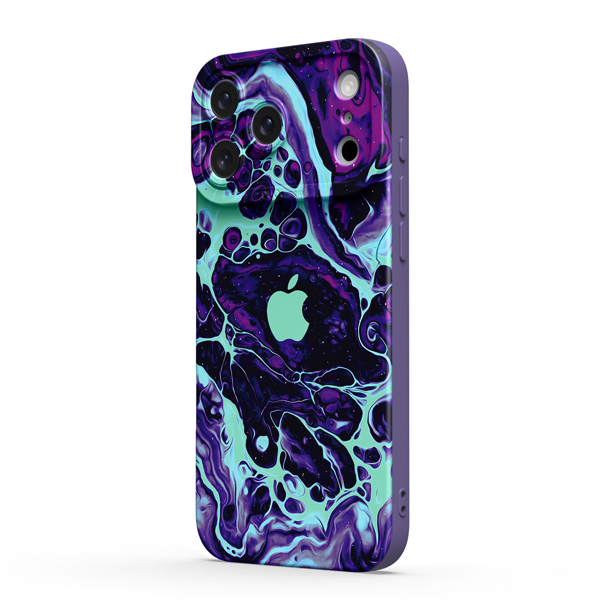 Purple abstract marbled silicone iPhone case with camera and side button cutouts