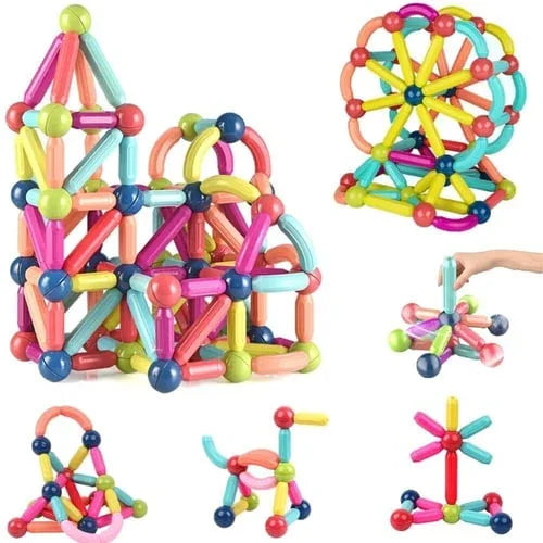 Colourful magnetic building blocks with connecting pieces and storage box