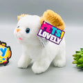 Walking plush cat toy with sound in white and orange striped designs
