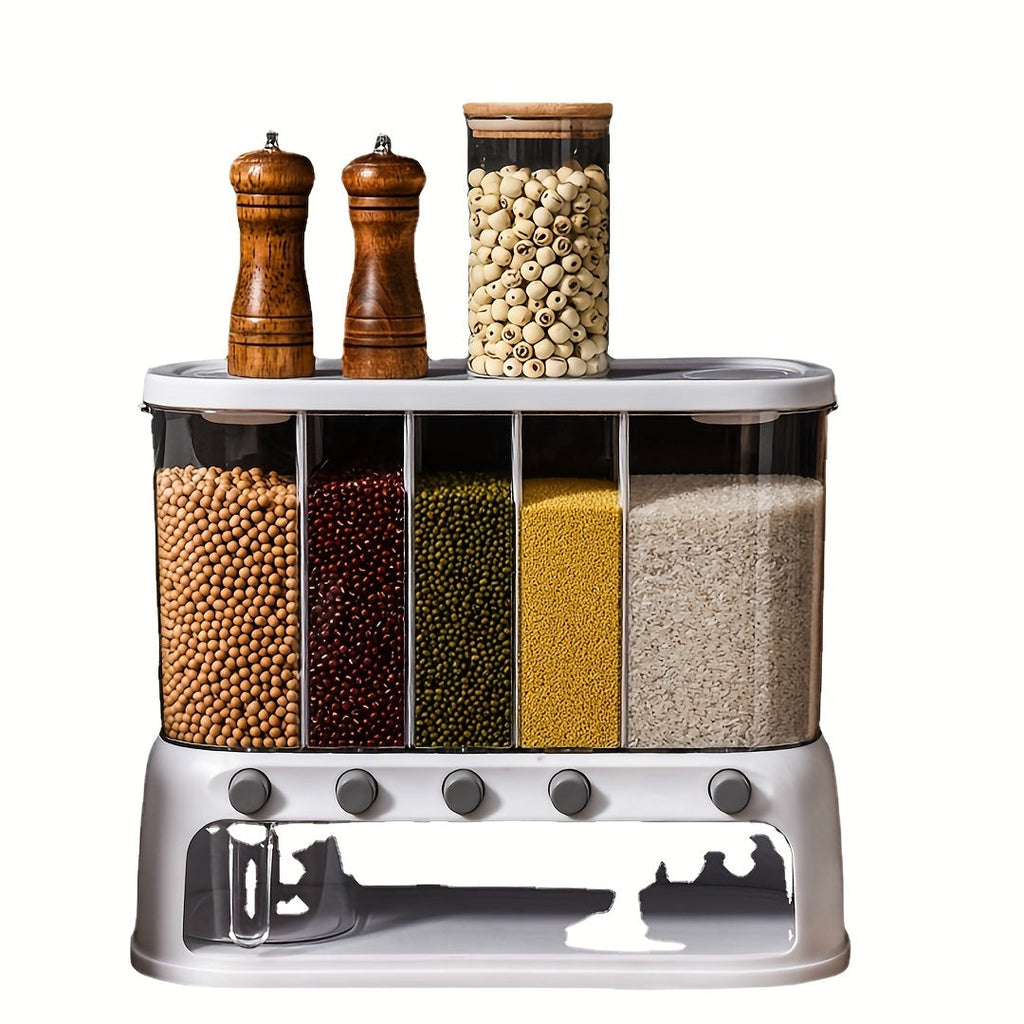 White five-compartment grain dispenser with clear bins and pull-out drawer