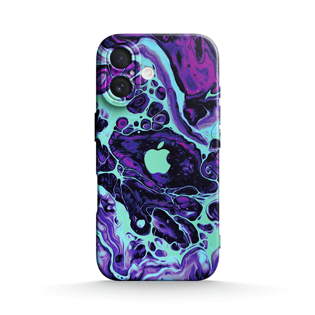 Purple abstract marbled silicone iPhone case with camera and side button cutouts