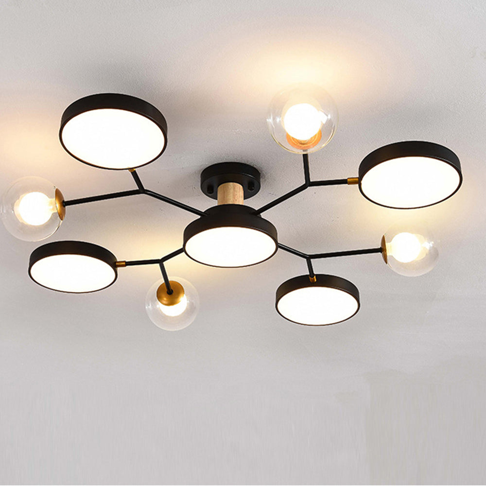 Circular multi-arm LED semi flush ceiling light with glass globes