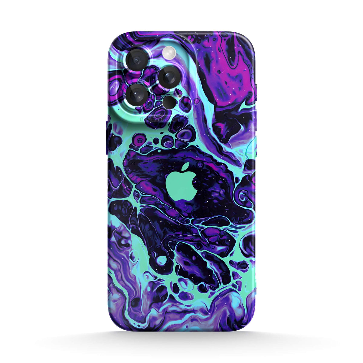Purple abstract marbled silicone iPhone case with camera and side button cutouts