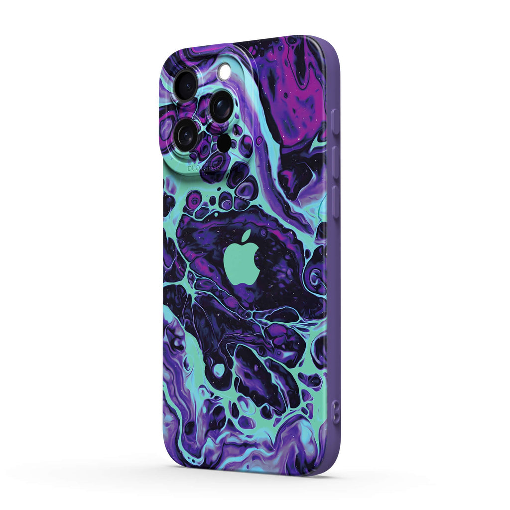 Purple abstract marbled silicone iPhone case with camera and side button cutouts