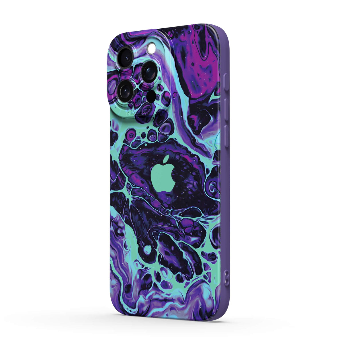 Purple abstract marbled silicone iPhone case with camera and side button cutouts