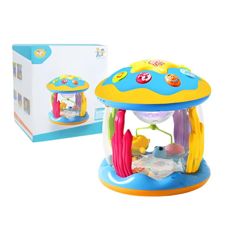 Colourful rotating baby activity toy with musical buttons and sea-life details