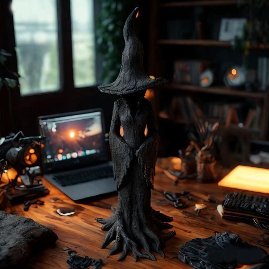 Black Halloween witch figurine with pointed hat and flowing sculpted robe