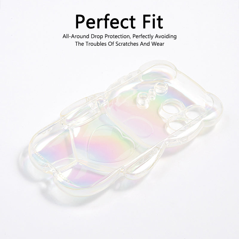 Pink iridescent bear-shaped iPhone case with raised camera cutouts