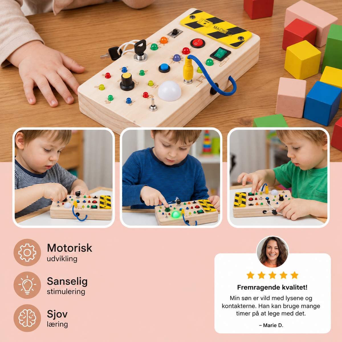Wood-effect children's activity board with colourful lights, switches, buttons, knobs and keys