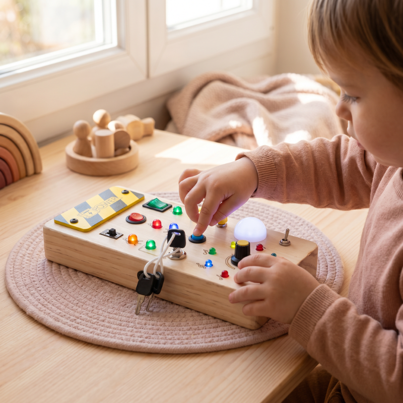 Wood-effect children's activity board with colourful lights, switches, buttons, knobs and keys