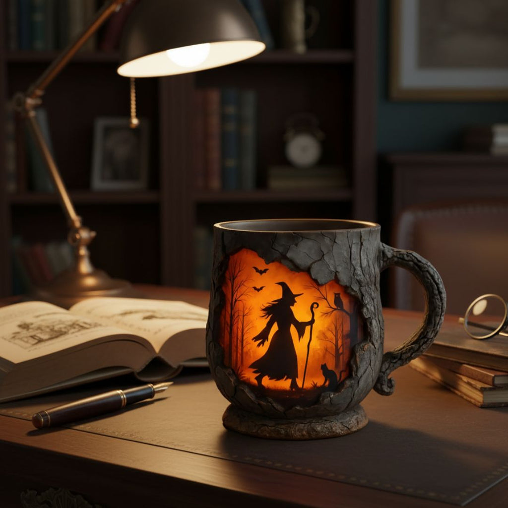 Halloween mug with textured bark-effect finish and witch scene