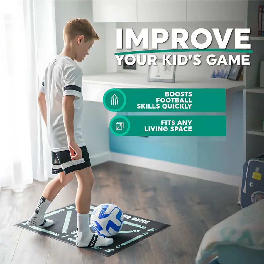 Black football training mat with turquoise arrows and numbered drill positions